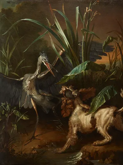Water Spaniel Confronting a Heron by Jean-Baptiste Oudry, 1722 — digital art print download