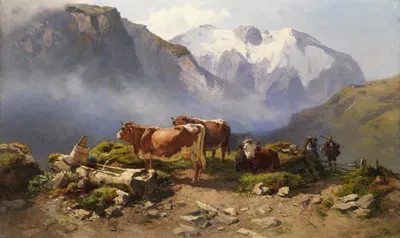 Weidende Kühe auf einer Alm by Антон Шрёдль — digital art print download