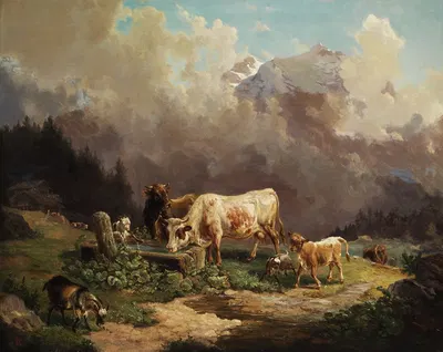 Vieh im Hochgebirge an der Tränke by Louis Reinhardt — digital art print download