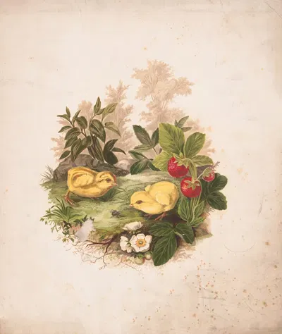 Chickens and strawberries by Olive E Whitney, 1875 — digital art print download