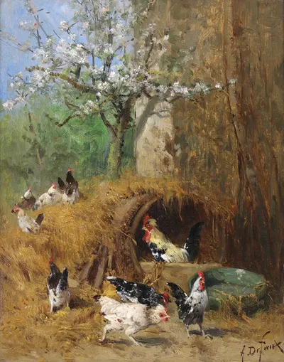 Printemps, Poules Sous le Pommier en Fleurs by Александре Дефо — digital art print download