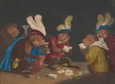 The Singerie [Five monkeys playing cards] by Александр-Габриэль Декамп — digital art print download
