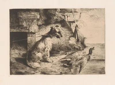 Dog on a chain and a duck by Zacharie Noterman — digital art print download