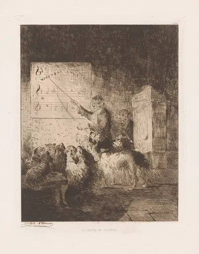 Monkey gives music lessons to a class of dogs by Zacharie Noterman — digital art print download