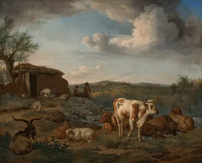 Cows, sheep, goats and herders resting in a pastoral landscape by Адриан ван де Вельде, 1668 — digital art print download