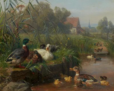 Enten und Geflügel an einem Wasserteich mit einem Gehöft im Hintergrund by Carl Jutz The Elder — digital art print download