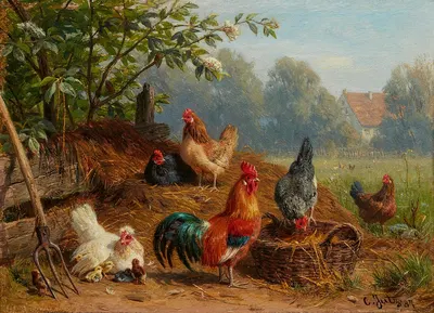 Hahn und Hühner vor einer Landschaft by Carl Jutz The Elder, 1887 — digital art print download