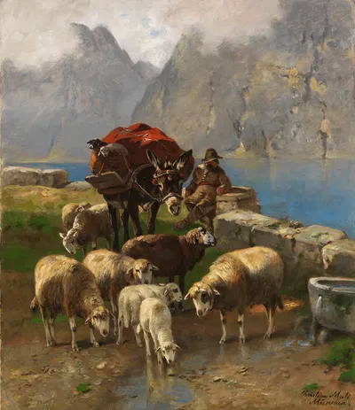 Schafe und Hirte an einem Hochgebirgssee by Кристиан Мали — digital art print download