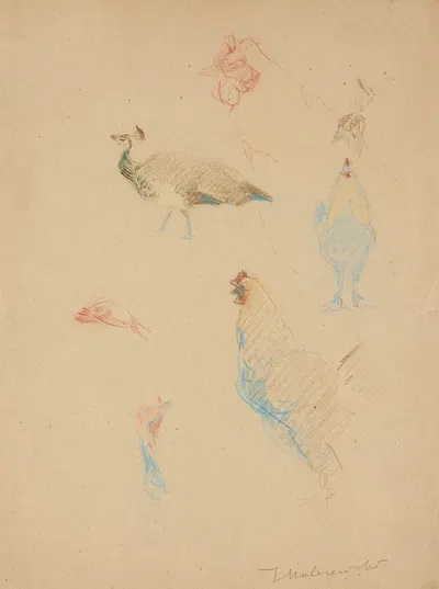Sketches of hens and a peacock, and a turkey’s head by Яцек Мальчевский, 1919 — digital art print download
