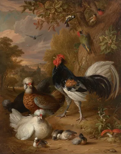 A cockerel, chickens, a woodpecker and other birds in a landscape by Jakob Bogdány — digital art print download