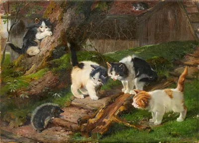 Vier Kätzchen und ein Igel by Julius Adam the younger — digital art print download
