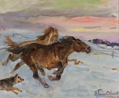 Horses fleeing from a wolf by Войцех Коссак, 1937 — digital art print download