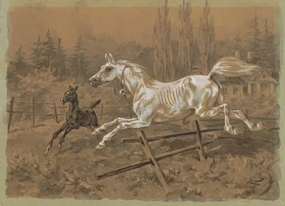 White mare and black foal by Юлиуш Коссак, 1880 — digital art print download