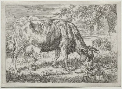 Cow and Two Sheep at the Foot of a Tree by Адриан ван де Вельде, 1670 — digital art print download