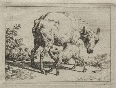 The Ewe and Two Lambs by Адриан ван де Вельде, 1670 — digital art print download