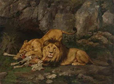 A Lion and Lioness after the Kill by Геза Вастаг — digital art print download