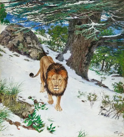 A Barbary Lion In The Snow In Theniet El Had by Геза Вастаг — digital art print download