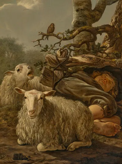 A sleeping shepherd with two sheep, in a landscape by Говерт Дирксз Камфуизен — digital art print download
