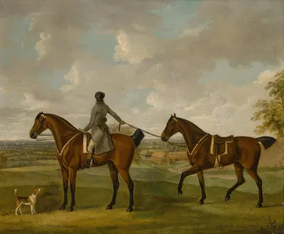 A groom with two bay hunters, with a hound, in a landscape by Джон Ност Сарториус, 1784 — digital art print download