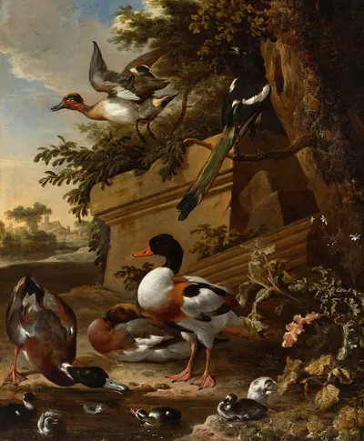 Sheldrake ducks and ducklings with a magpie in a garden, a village beyond by Мельхиор д'Ондекайтер — digital art print…