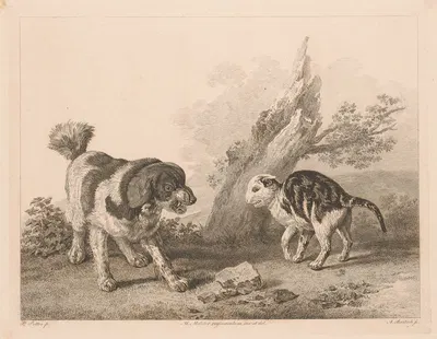 Dog and cat in fighting position facing each other by Adam von Bartsch, 1809 — digital art print download