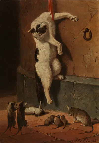 Kat met muizen by Bernard te Gempt, 1870 — digital art print download