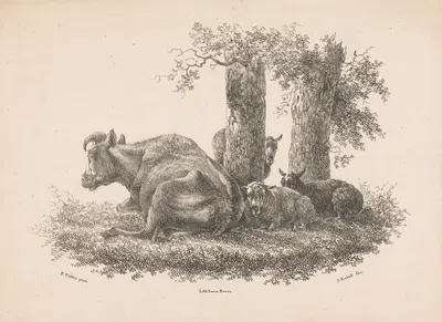 Een koe en drie schapen by Jan Kobell III, 1832 — digital art print download