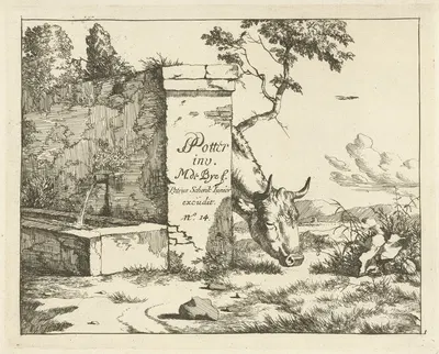 Cattle grazing behind a wall by Marcus de Bye, 1657 - 1677 — digital art print download