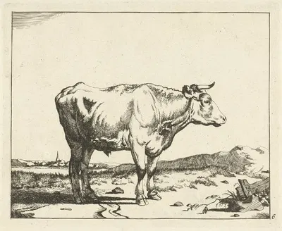 Bull, facing right, with church tower in the background by Marcus de Bye, 1657 - 1677 — digital art print download
