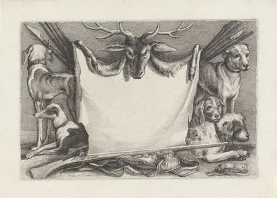 Hounds, hunting equipment and game – Title page by Венцеслав Голлар, 1646 — digital art print download