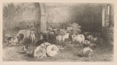 Stalinterieur met schapen, geiten en kippen by Dirk Van Lokhorst, 1859 — digital art print download