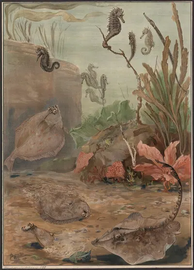 Flounders and seahorses by Paul Flanderky, 1909 — digital art print download