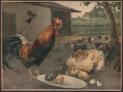 Rooster, hen and chickens by Emil Schmidt, 1882 — digital art print download