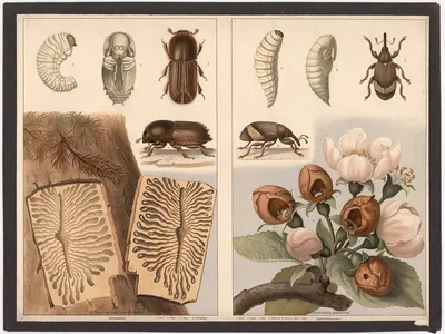Bark beetle (Bostrychus typographus), Apple blossom weevil (Anthonomus pomorum) by F. E. Wachsmuth, 1890 — digital art…