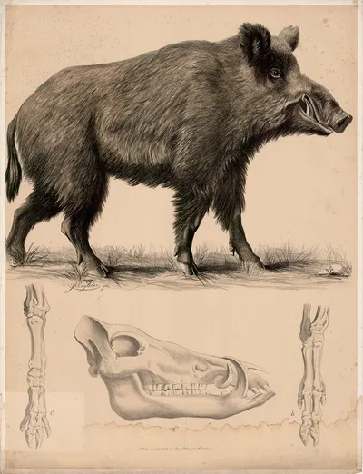 Wil-schwein (Sus scrofa) a Schädel, b vorderes Fussskelett, c hinteres Fussskelett. by Franz Engleder, 1860 — digital art…