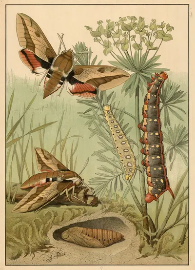 Spurge hawk-moth (Hyles euphorbiae) by G. Pascal, 1909 — digital art print download