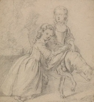 Two Girls in a Landscape, One Riding a Lamb by Thomas Hudson — digital art print download