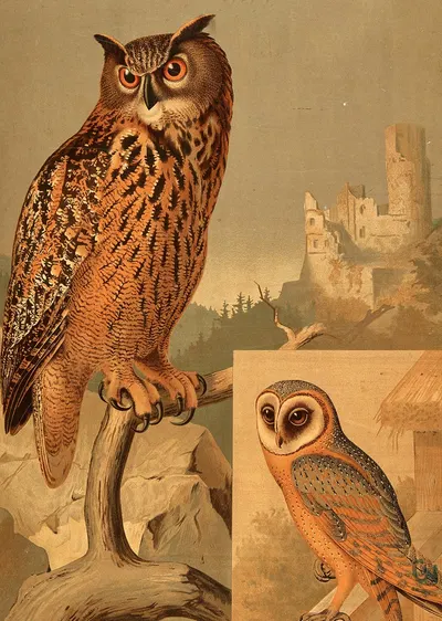 Great horned owl and barn owl by Hans Schmidt, 1890 — digital art print download