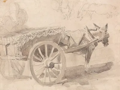 A Mule or Donkey, Harnessed to a Farm Cart, with Other Sketches at Top, Executed at or Near Canterbury, c. 1835 by Thomas…