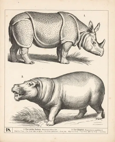 1. Das indische Nashorn. 2. Das Flusspferd. by Генрих Лейтеман, 1882 — digital art print download
