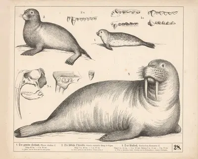 1. Der gemeine Seehund. 2. Die südliche Ohrrobbe. 3. Das Wallross.. by Генрих Лейтеман, 1882 — digital art print download