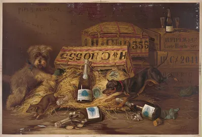 Two dogs chasing mouse through open case of champagne by Герман Бенке, 1878 — digital art print download