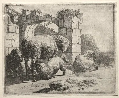 Sheep Near the Ruins of an Arch by Иоганн Генрих Роос, 1665 — digital art print download