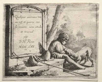 Title Page – Shepherd Petting his Dog by Иоганн Генрих Роос, 1665 — digital art print download