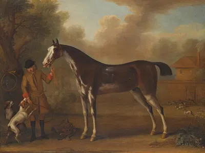 A strawberry roan hunter with a huntsman and two hounds by Джон Уоттон — digital art print download