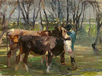 Kuh und junges Rind mit Hüter by Heinrich Von Zügel, 1899 — digital art print download