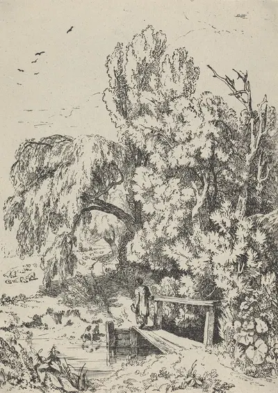 Landscape with Trees, Girl Crossing a Footbridge by William Havell — digital art print download