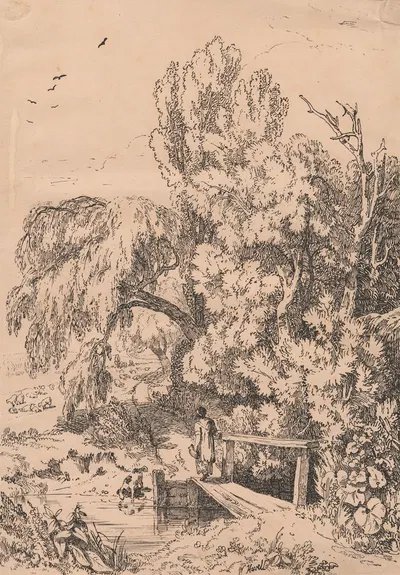 Landscape with Trees, Girl Crossing Footbridge by William Havell — digital art print download