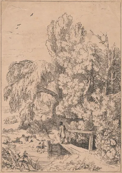 Landscape with Trees, Girls Crossing Footbridge by Уильям Хавелл, 1804 — digital art print download