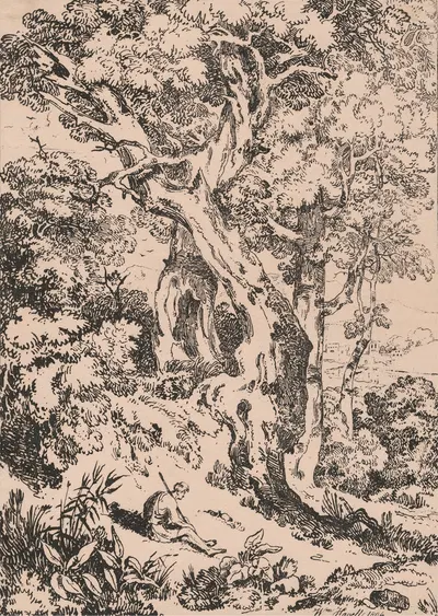 Study of trees and scrubs with seated male figure by William Havell — digital art print download